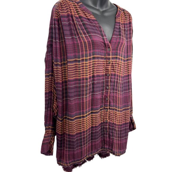 Free People Wine Plaid Button-Down Shirt Fray Long Sleeve Large L NWT New - Picture 3 of 9